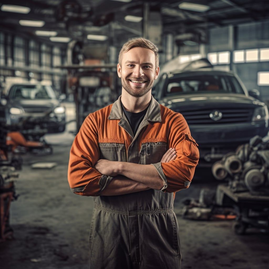 Smiling auto mechanic with arms folded standing in front of a truck in an auto shop.