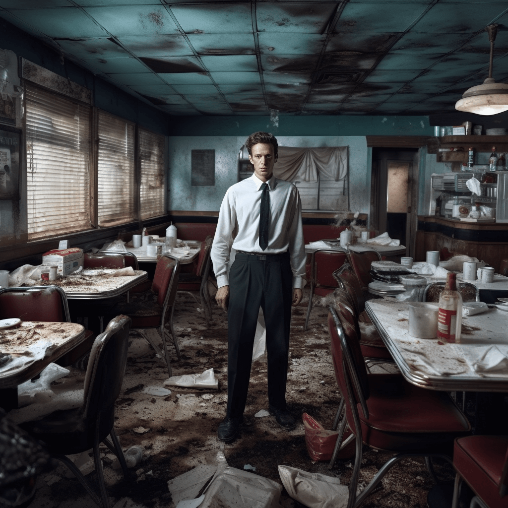 A cartoon image of a sad looking man in a filthy diner.