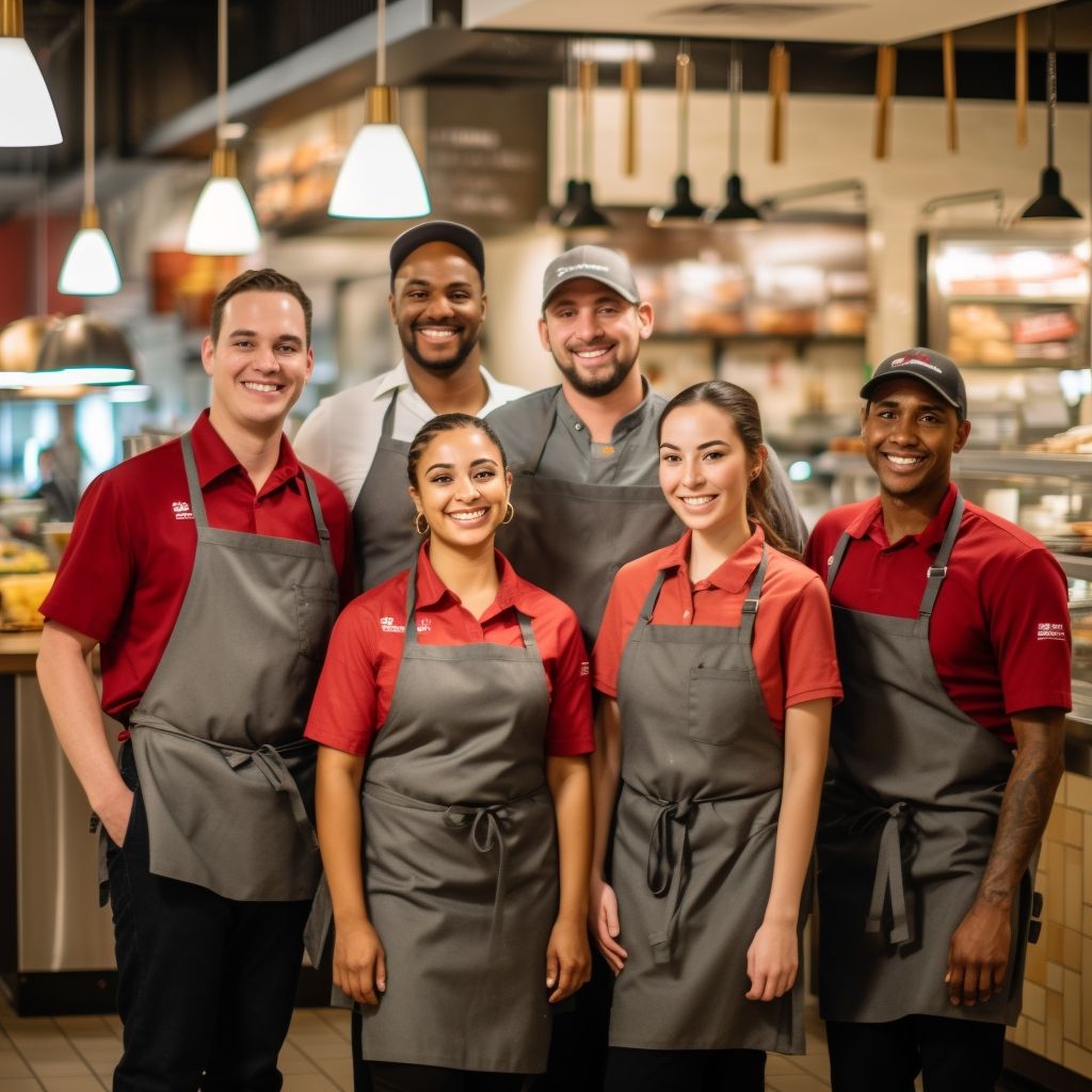Young attractive employees of a restaurant smiling and together for a photo