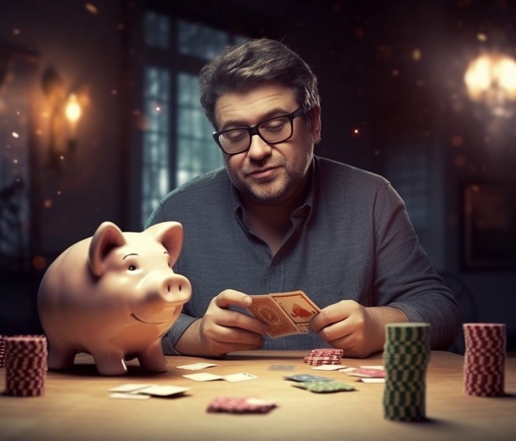 Man playing cards with poker chips and a piggy bank in front of him